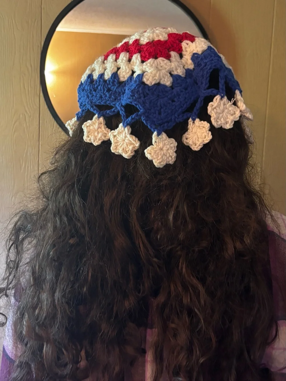 Handmade Crocheted Triangle Bandana in Red, Ivory & Blue
